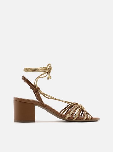 Sandália Marrom Bloco Tiras Trançadas Amarração