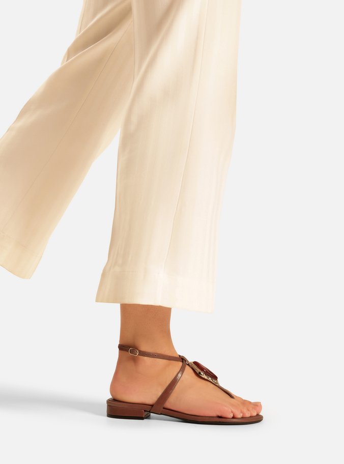 Sandália Rasteira Marrom Couro Slim Pedra Maxi