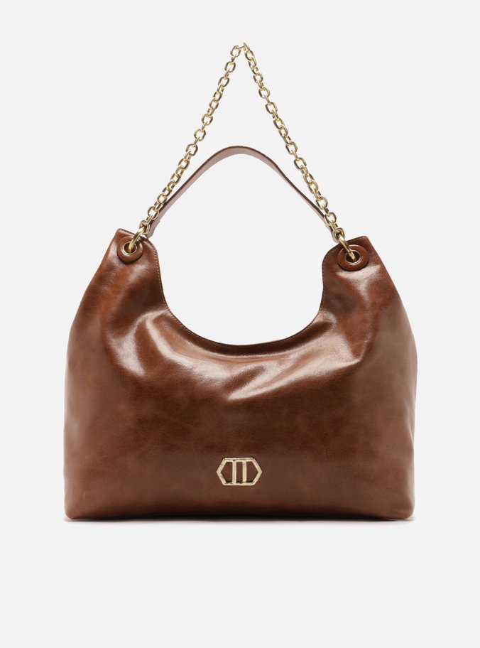 Bolsa Hobo Marrom Couro Grande Metal Geométrico