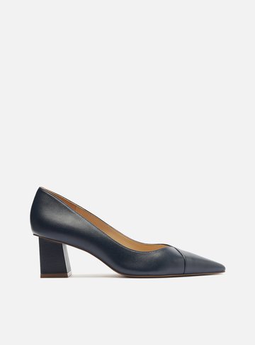Scarpin Azul Couro Salto Bloco Bico Fino