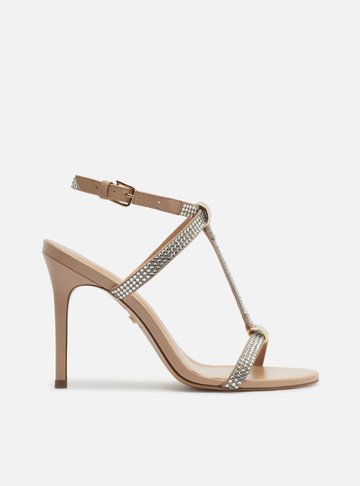 Sandália Bege Couro Salto Alto Fino Strass