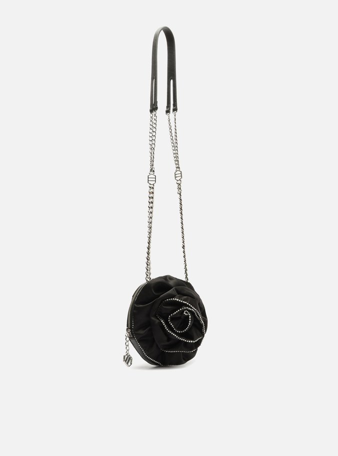Bolsa Tiracolo Preta Cetim Pequena Flor Cristais