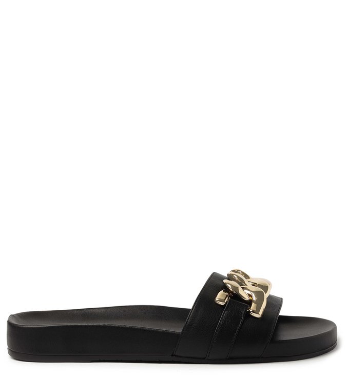 Slide Preto Couro Flatform Corrente