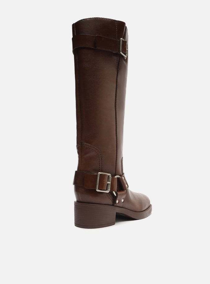 Bota Marrom Couro Cano Longo Fivelas