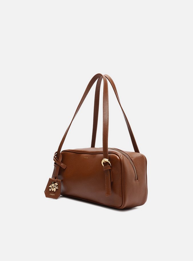 Bolsa Bowling Marrom Couro Média Metal Flor