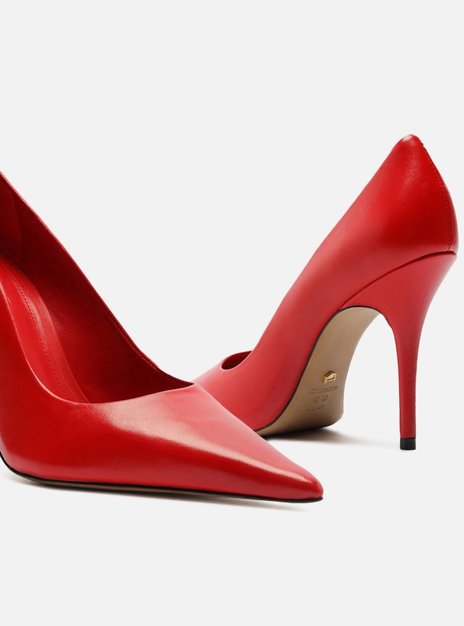 Scarpin Vermelho Couro Salto Alto Bico Fino