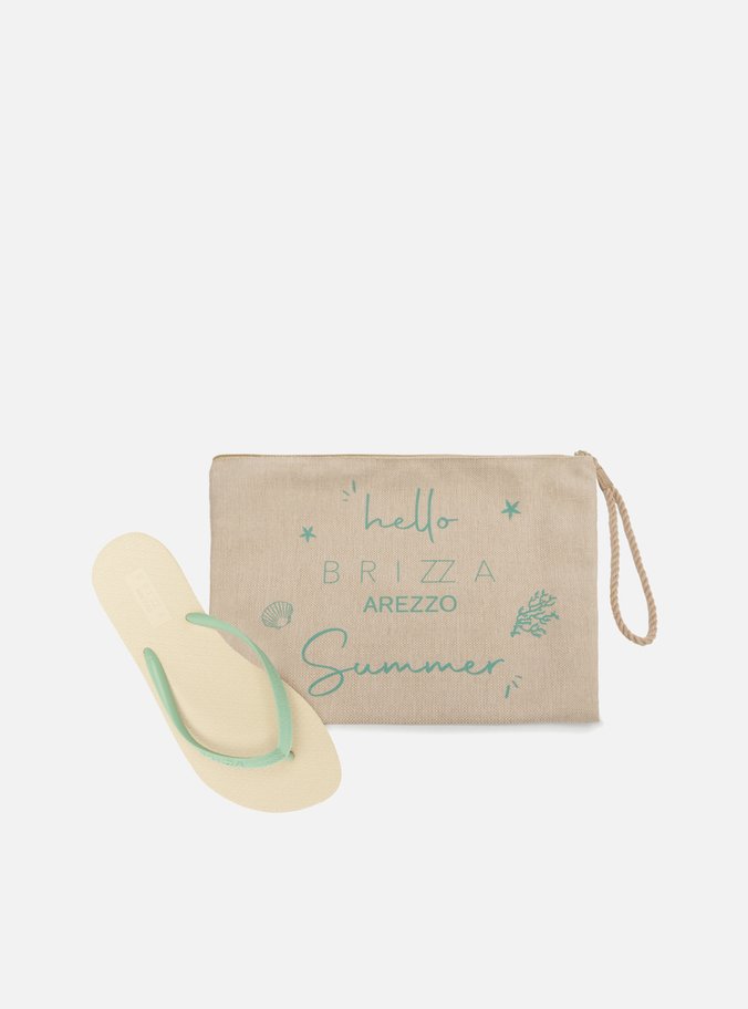 Kit Chinelo de Dedo Branco e Verde e Pouch