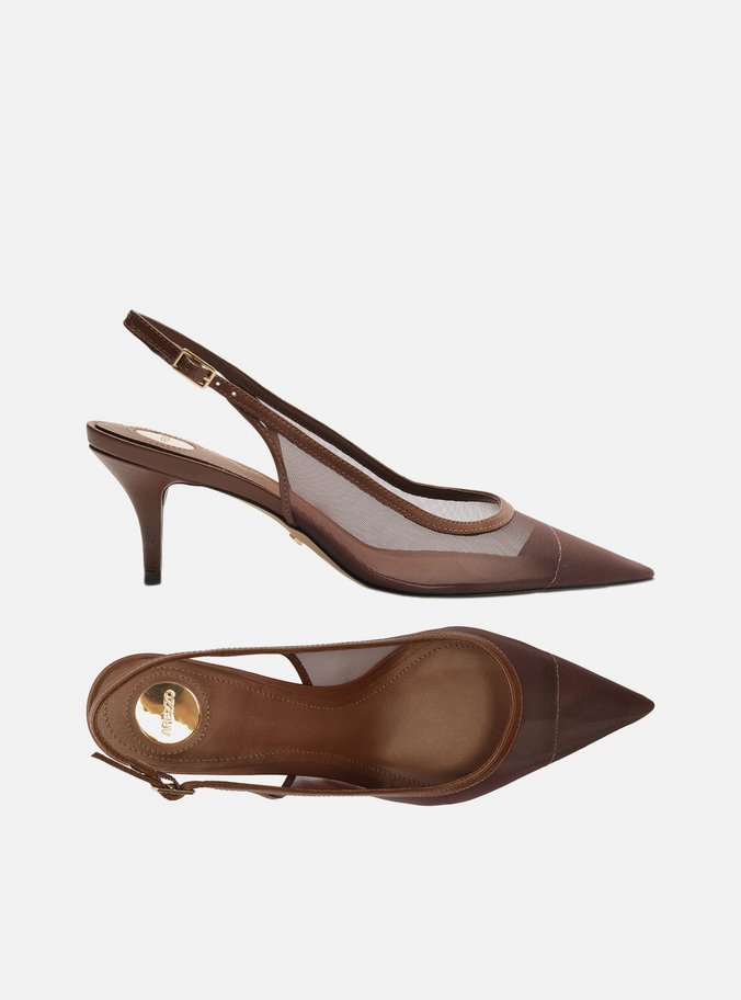 Scarpin Marrom Tela Salto Kitten Slingback