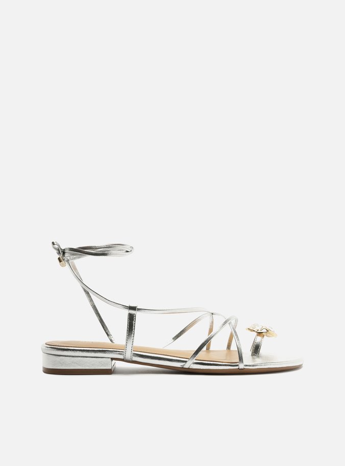 Sandália Rasteira Prata Tira Dedeira Metal Pedras