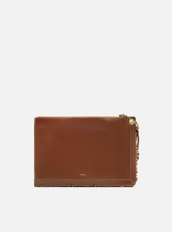 Clutch Marrom Couro Média Franjas Ilhoses