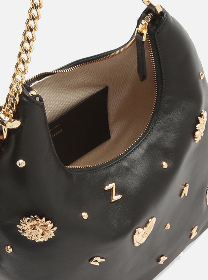 Bolsa Hobo Preta Couro Grande Metais Fun
