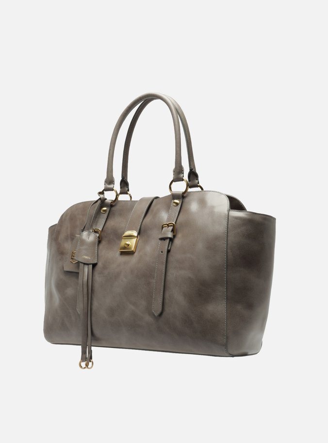 Bolsa Tote Cinza Couro Estonado Grande Metal