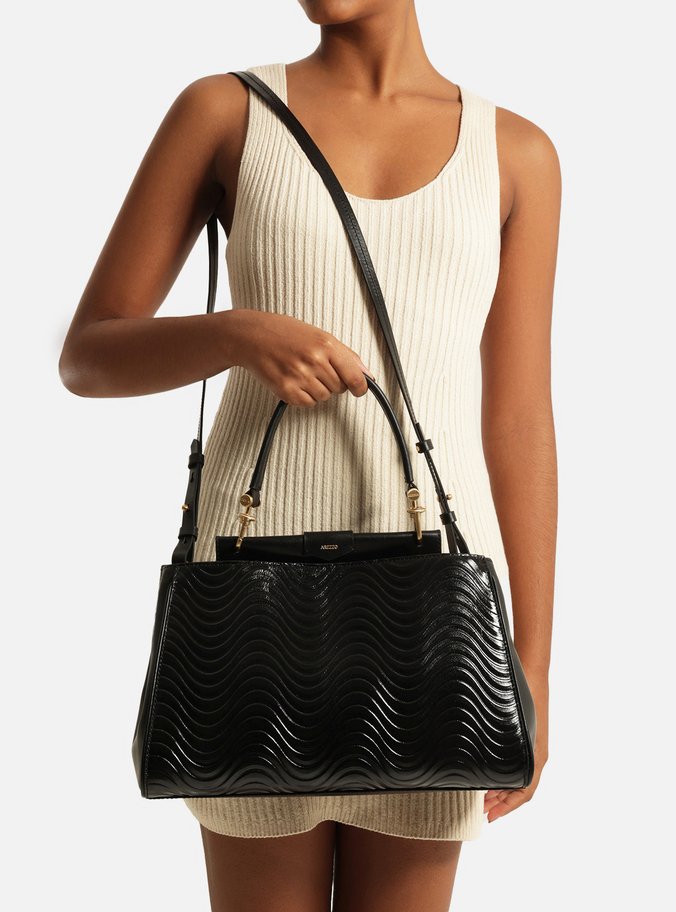 Bolsa Tote Preta Couro Wave Grande
