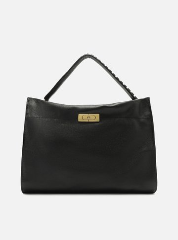 Bolsa Tote Preta Couro Grande Metal