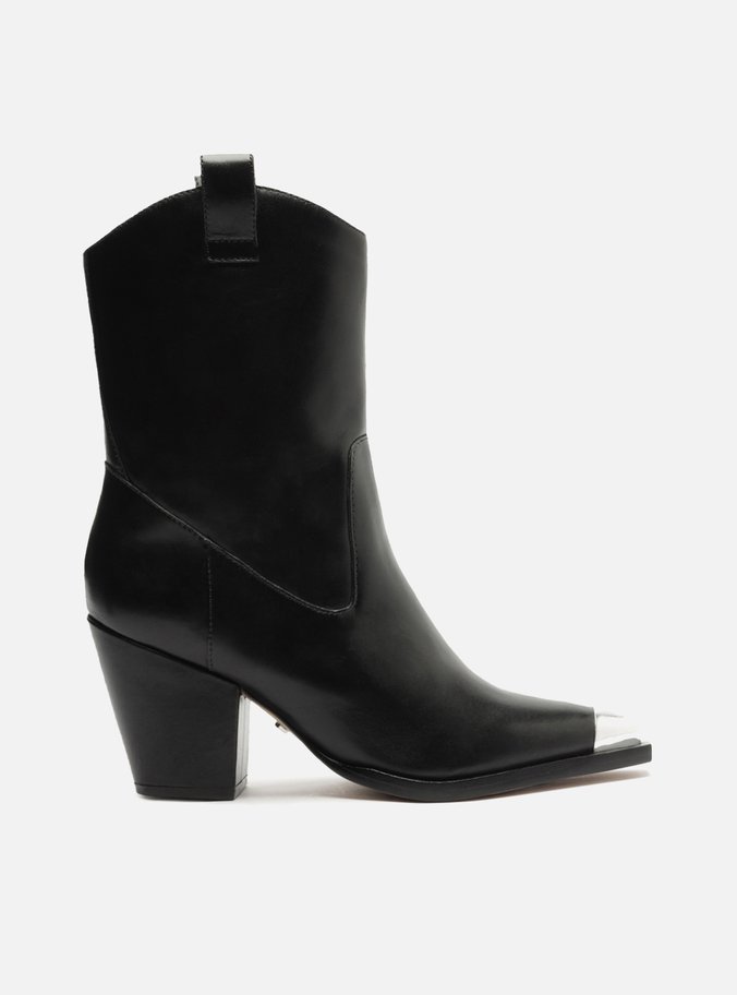 Bota Preta Couro Cano Curto Salto Metal