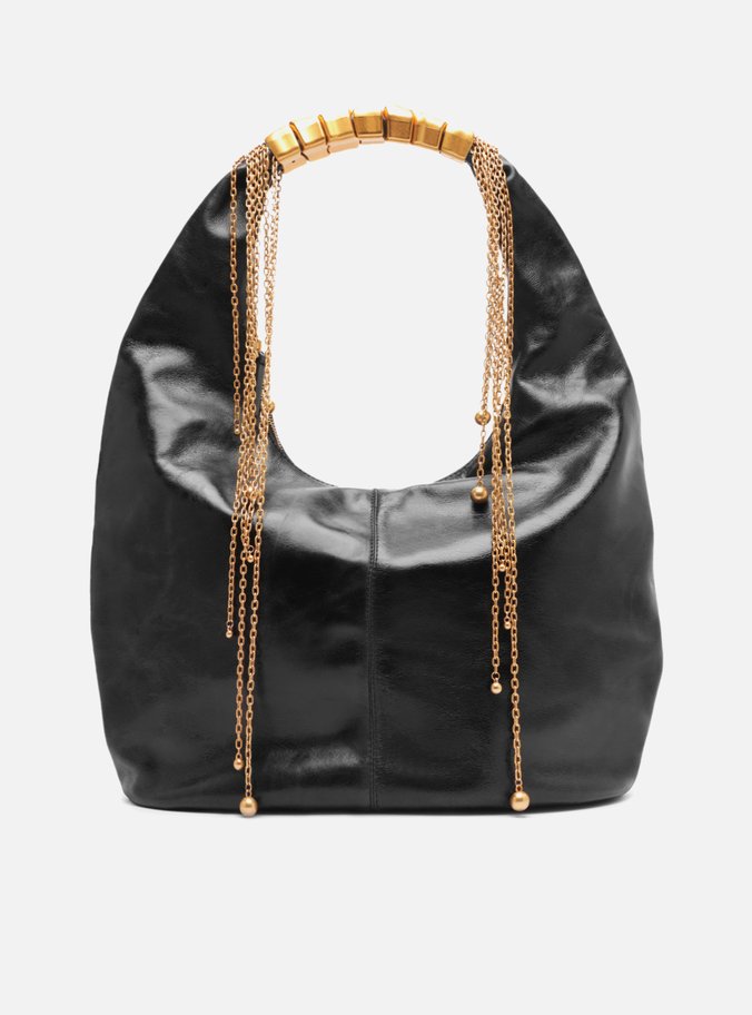 Bolsa Hobo Preta Couro Grande Alça Metais