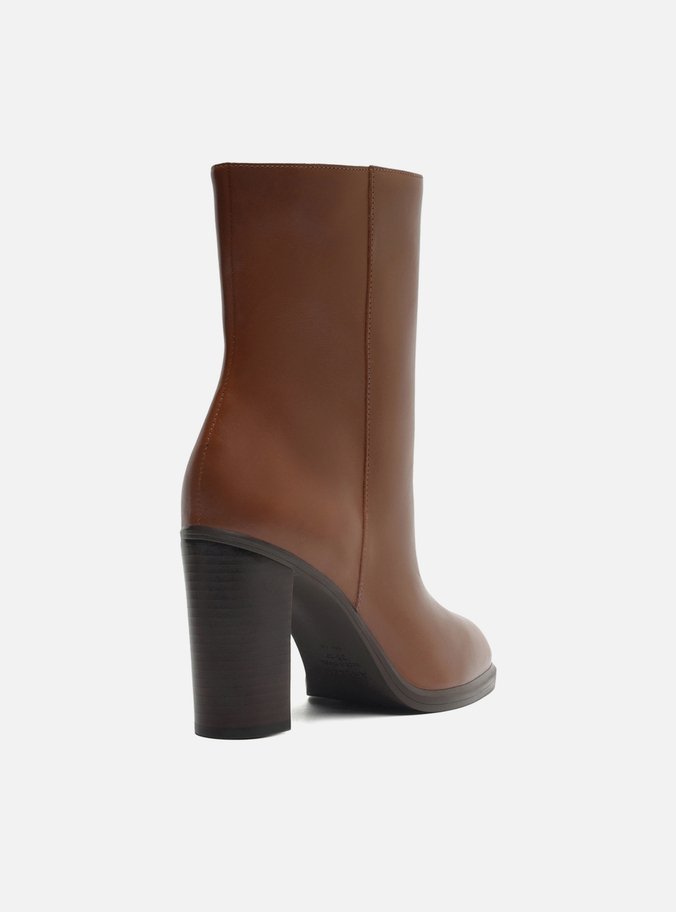 Bota Caramelo Couro Salto Alto Cano Médio Básica