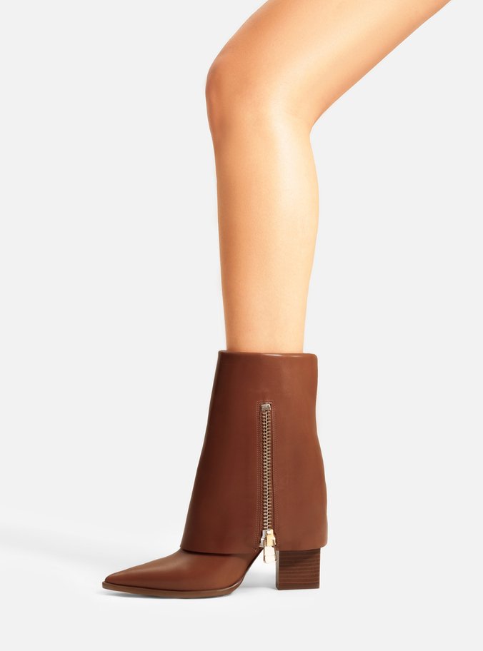 Bota Caramelo Couro Cano Médio Capa Zíper