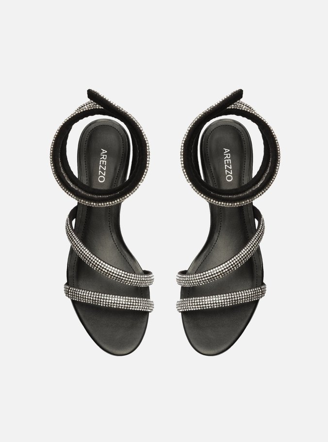 Sandália Preta Salto Bloco Espiral Strass Glam