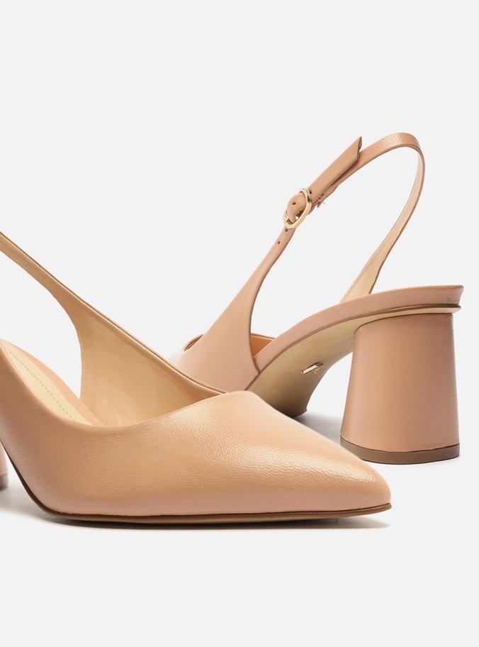 Scarpin Bege Couro Salto Geométrico Slingback