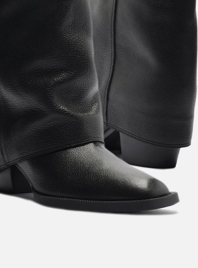 Bota Preta Couro Cano Longo Polaina Folk