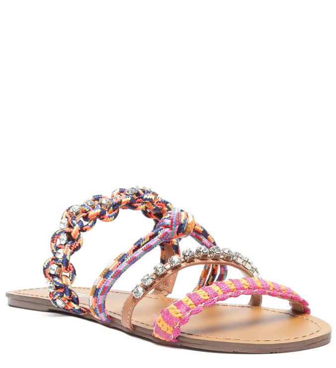 Rasteira Multicolorida Tiras Corda Pedrarias