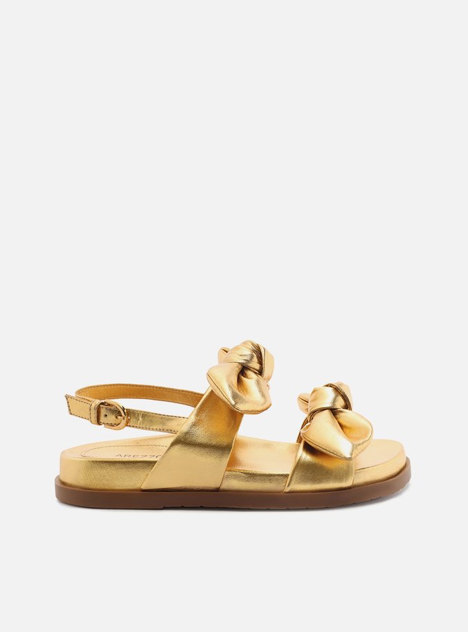Sandália Rasteira Dourada Couro Flatform Laços