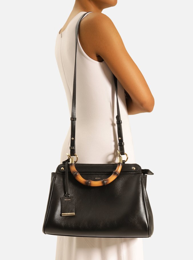 Bolsa Tote Preta Couro Grande Alça Bambu