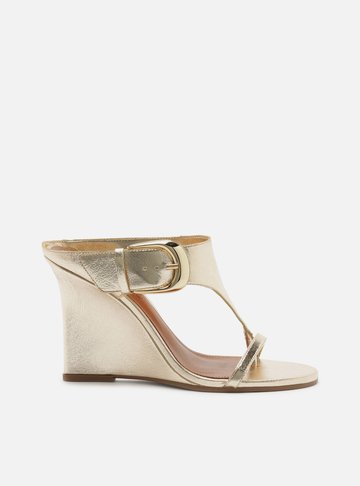 Arezzo — Sandália Dourada Couro Anabela Tira Thong Maxi Fivela