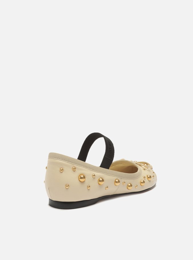 Sapatilha Boneca Off-White Couro Bico Redondo Studs