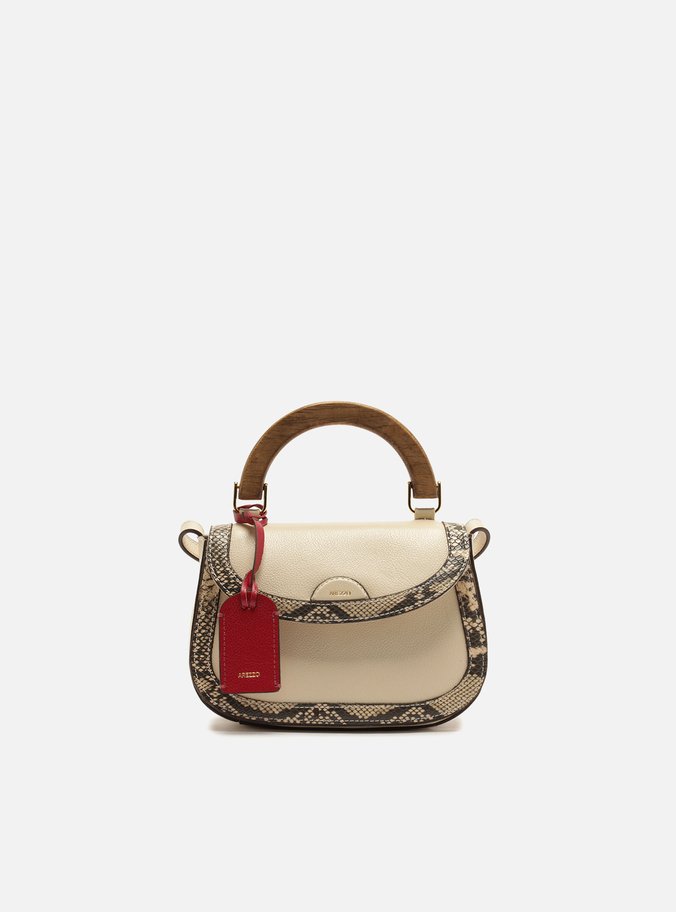 Bolsa Tote Branca Couro Pequena Snake Alça Madeira