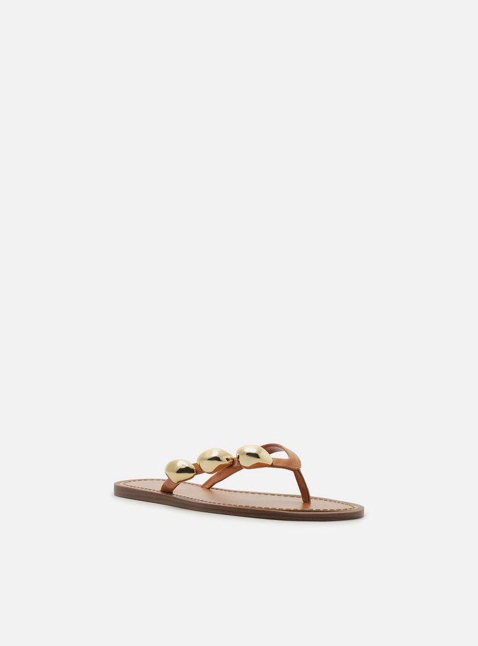 Rasteira Marrom Couro Flip Flop Metais
