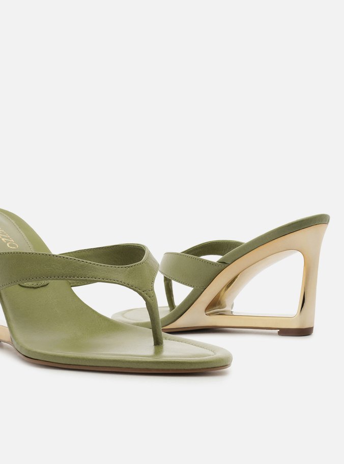 Tamanco Verde Couro Salto Geométrico Flip Flop