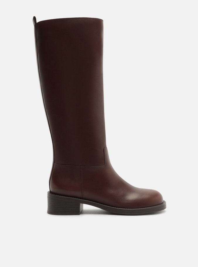 Bota Marrom Couro Cano Longo Salto Bloco