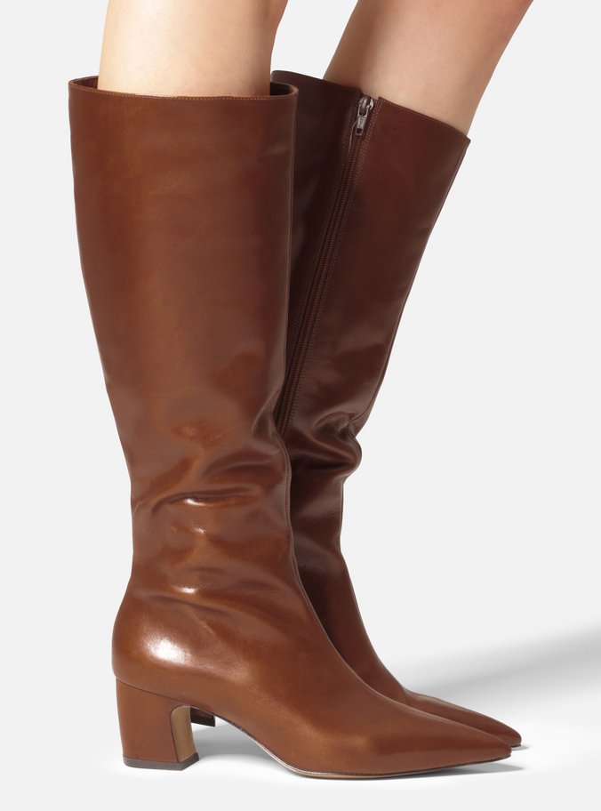 Bota Marrom Couro Cano Longo Salto Bloco