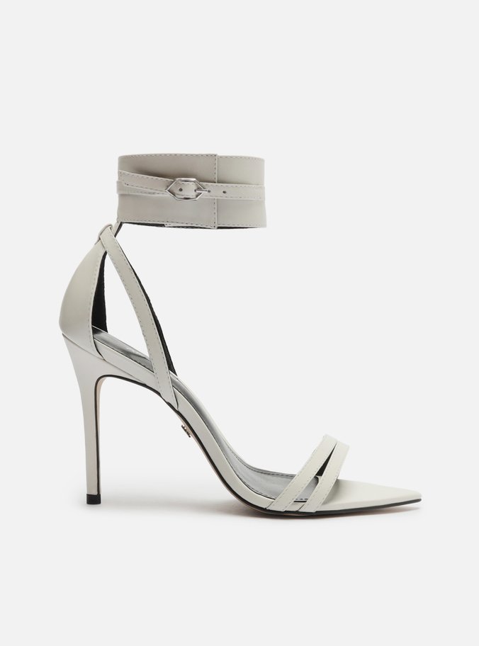 Sandália Branca Couro Salto Fino Ankle Strap