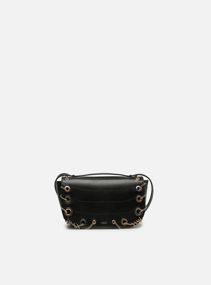 Bolsa Tiracolo Preta Couro Pequena Costuras Metais
