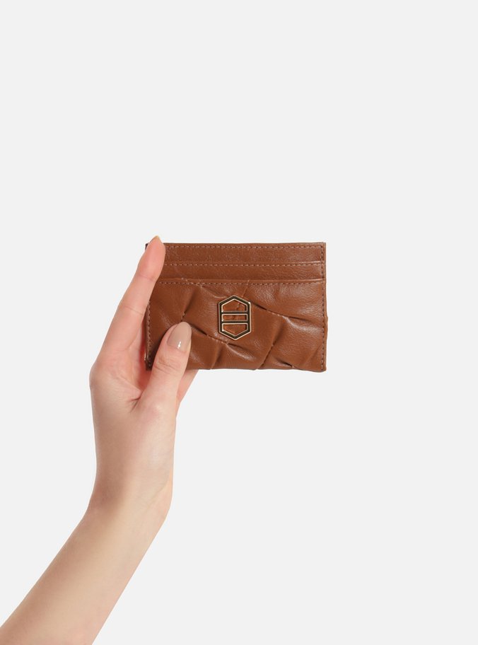 Porta-Cartões Marrom Couro Costuras Metal