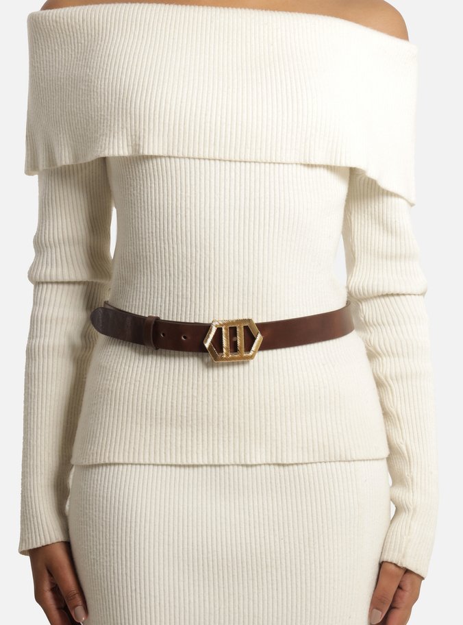 Cinto Marrom Couro Médio Fivela Sextavada Dourada