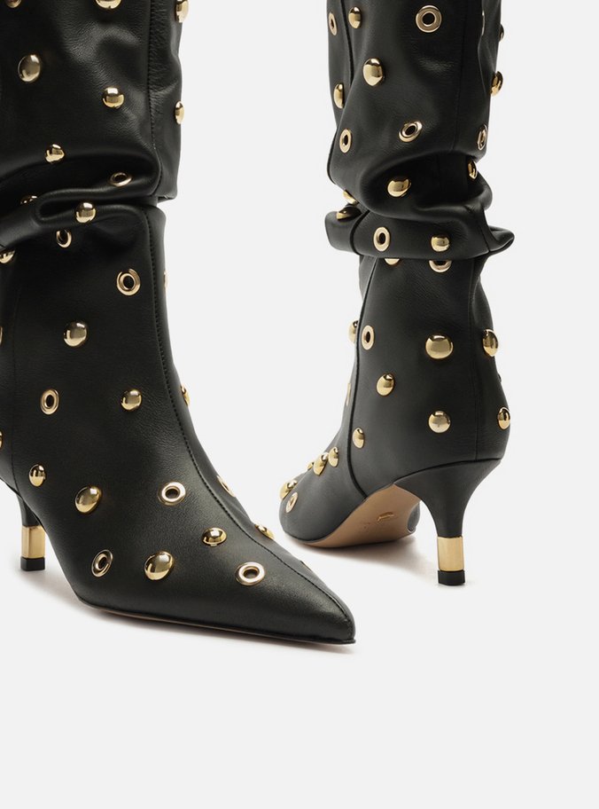 Bota Preta Couro Salto Fino Slouchy Rebites