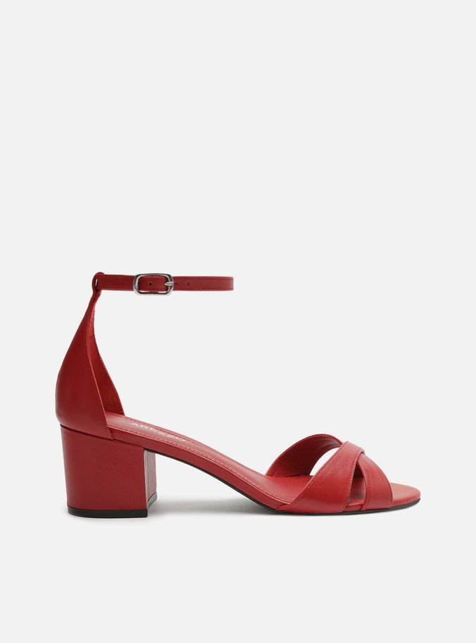 Sandália Vermelha Couro Salto Bloco