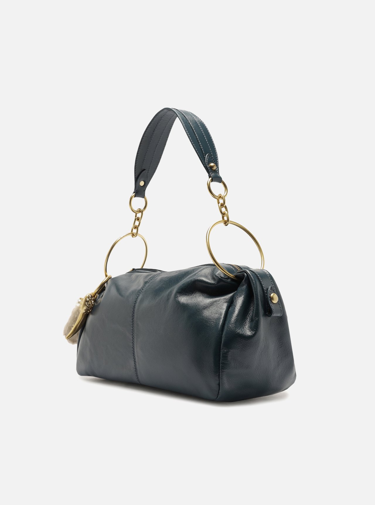 Bolsa Shoulder Azul Couro Média Metais — foto 2