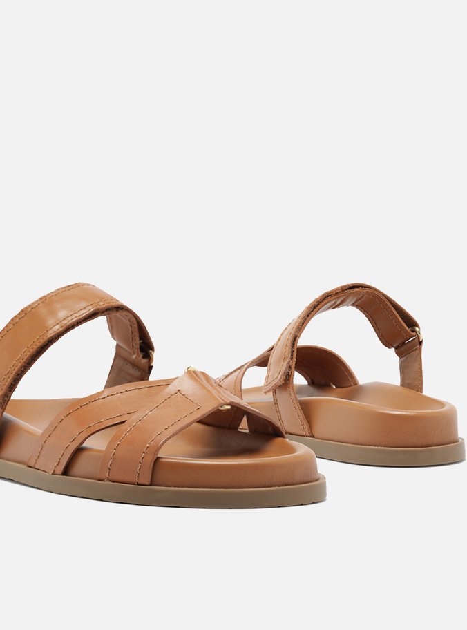 Sandália Rasteira Marrom Couro Tiras Velcro