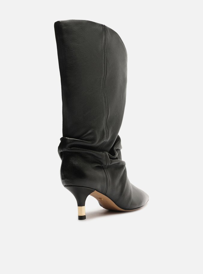 Bota Preta Couro Cano Médio Salto Fino Slouch