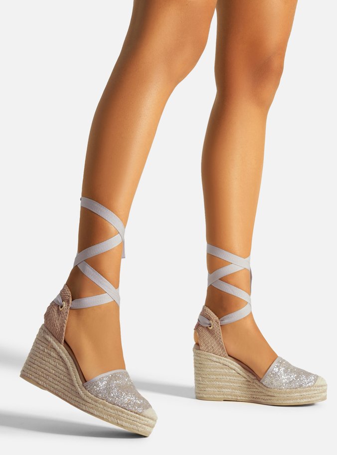Espadrille Dourada Glitter Salto Alto Amarração
