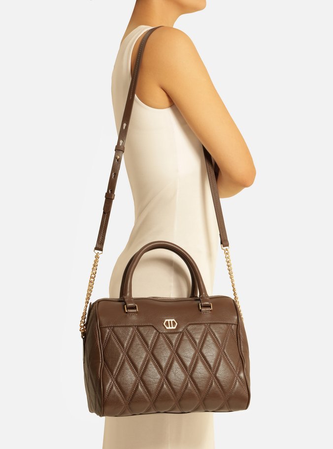 Bolsa Bowling Marrom Couro Matelassê Grande