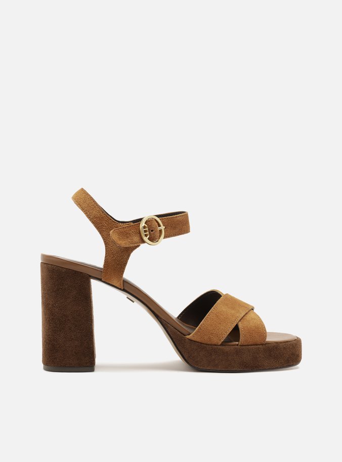 Sandália Marrom Acamurçada Salto Bloco Fivela Tiras