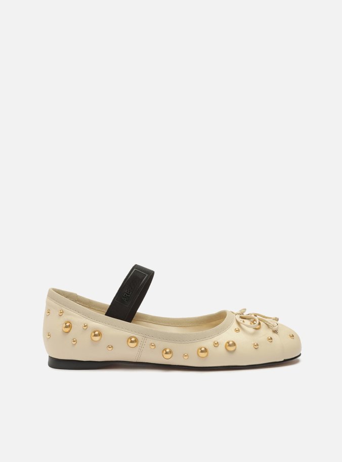 Sapatilha Boneca Off-White Couro Bico Redondo Studs