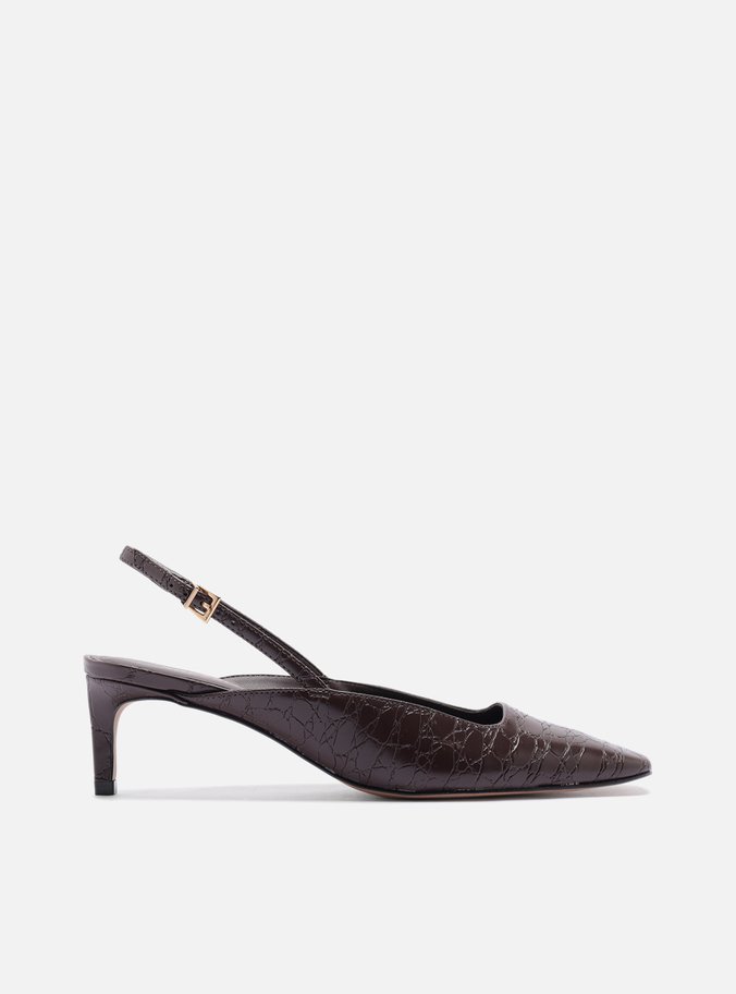 Scarpin Marrom Croco Salto Baixo Slingback