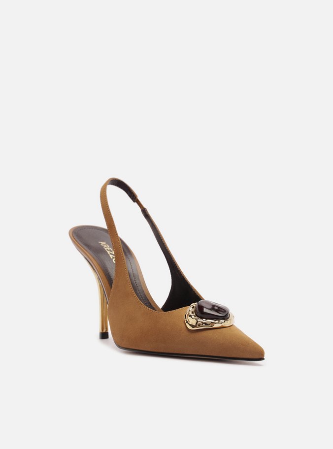 Scarpin Marrom Camurça Salto Alto Slingback Pedraria